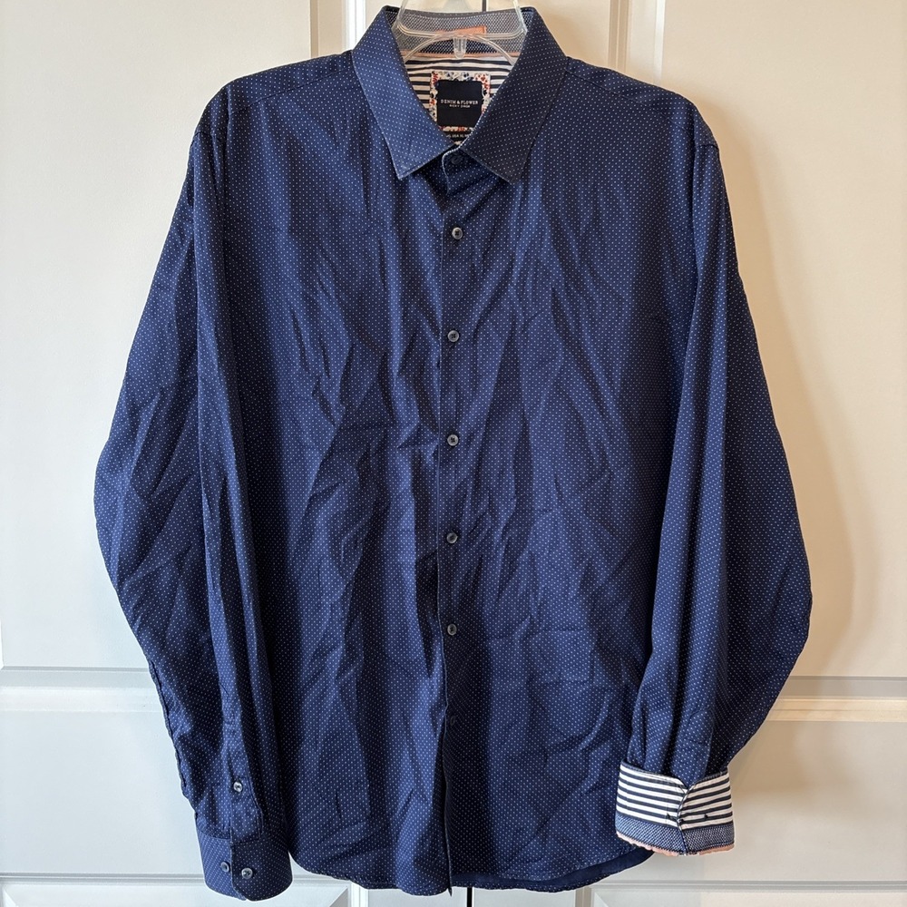 Denim & Flower Ricky Singh Mens XL Navy Polka Dot Cotton Button Up Shirt